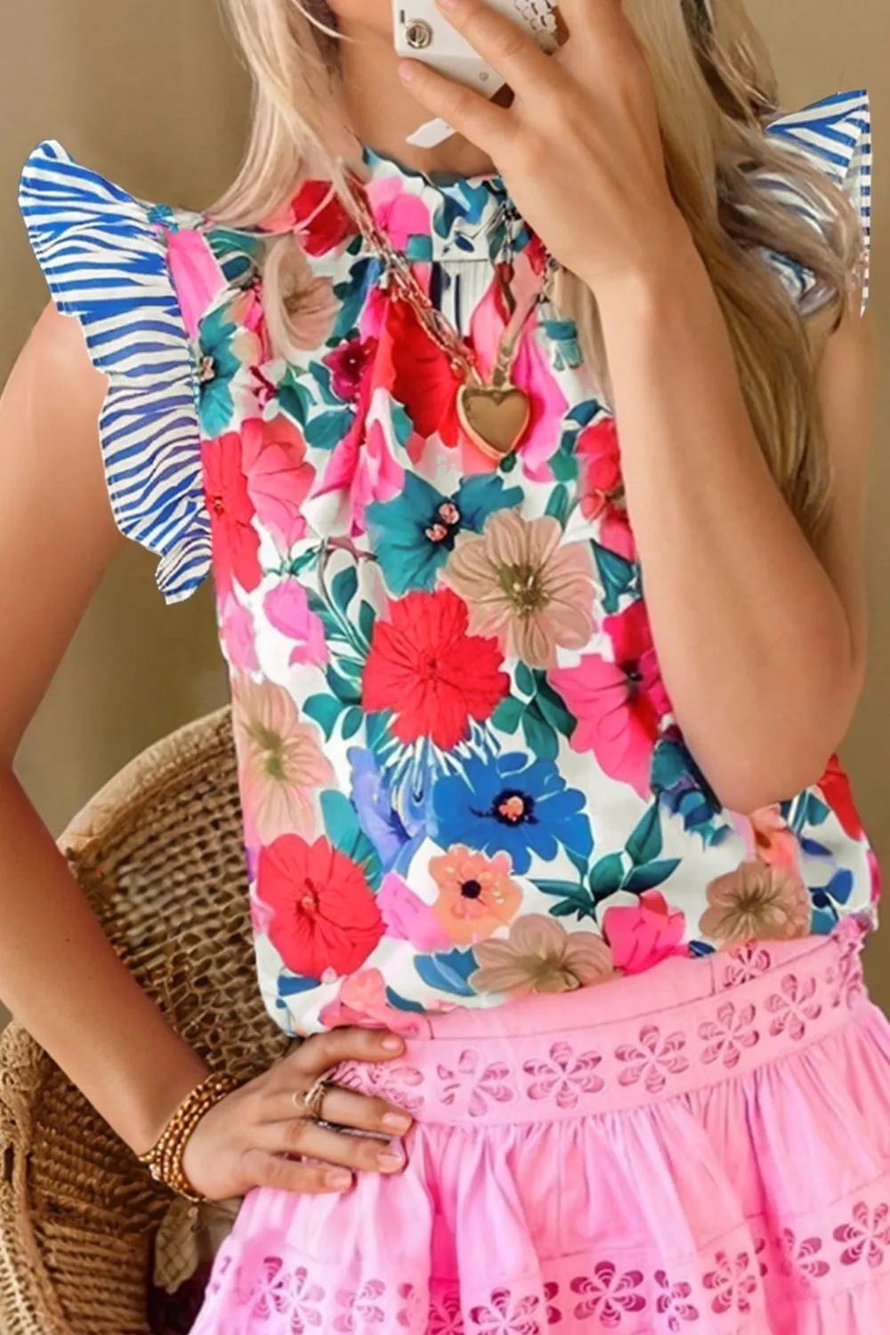 Floral Mock Neck Striped Cap Sleeve Blouse - Image 2