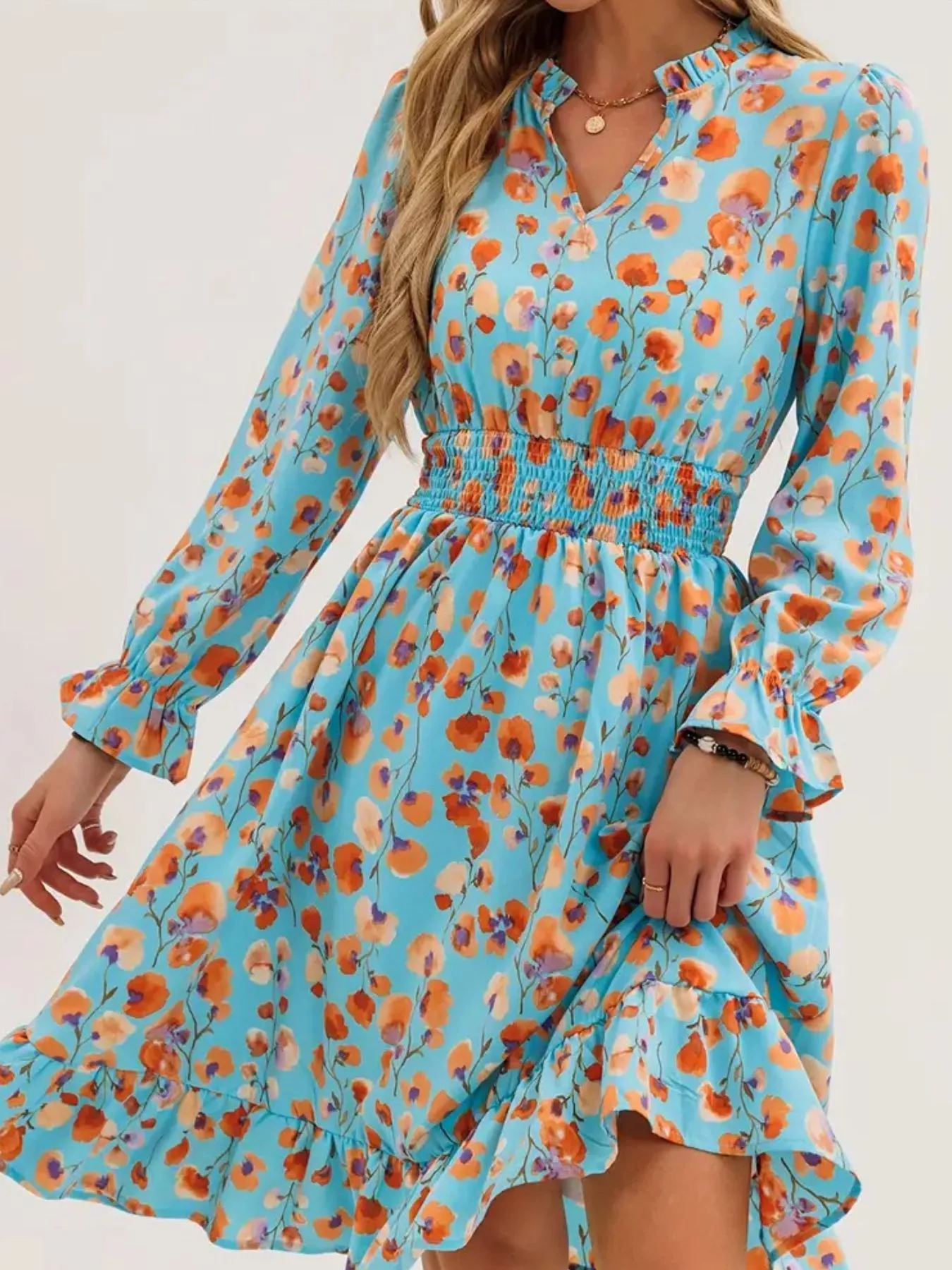 Floral Notched Flounce Sleeve Dress - Image 10