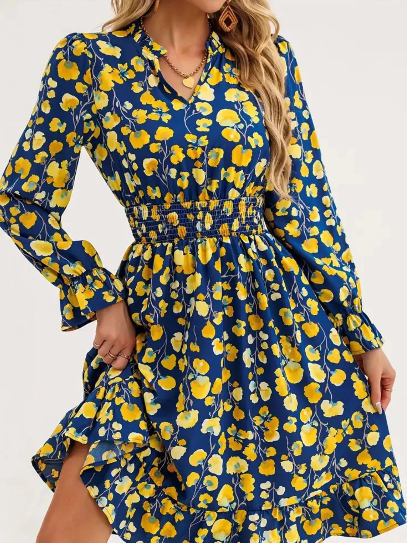 Floral Notched Flounce Sleeve Dress - Image 14