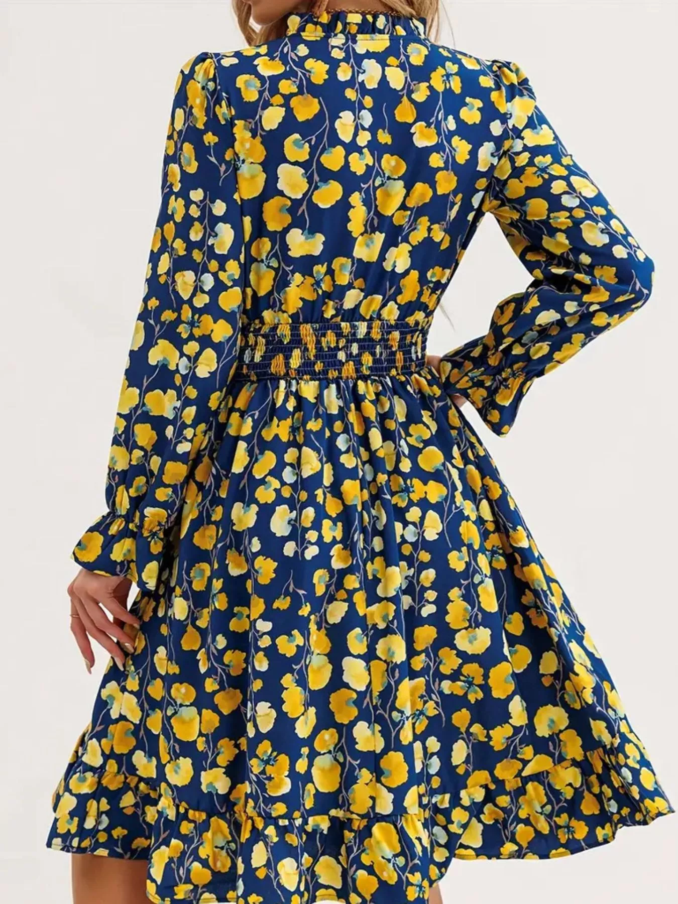 Floral Notched Flounce Sleeve Dress - Image 16