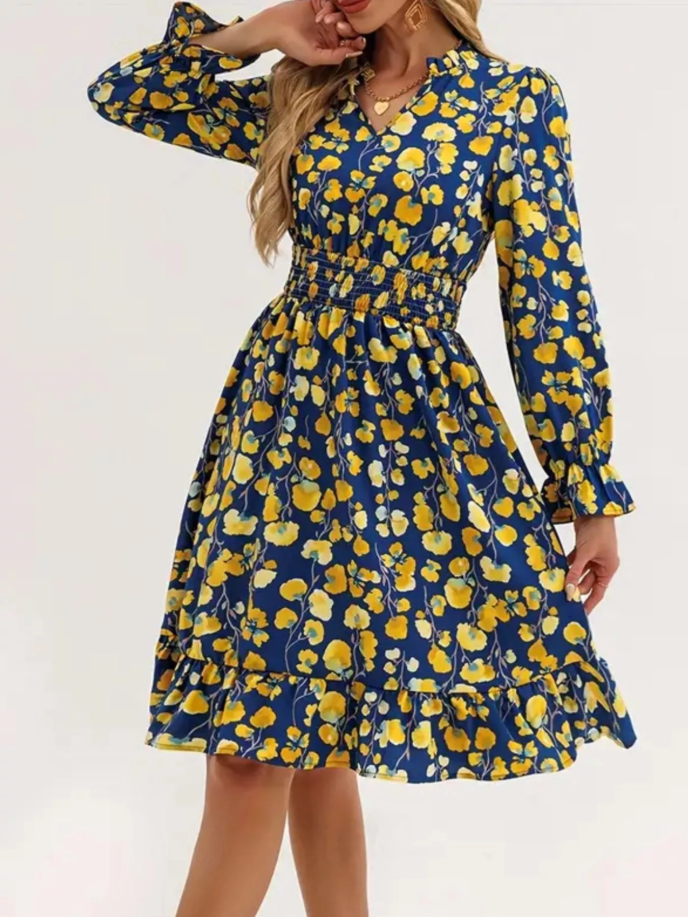 Floral Notched Flounce Sleeve Dress - Image 18