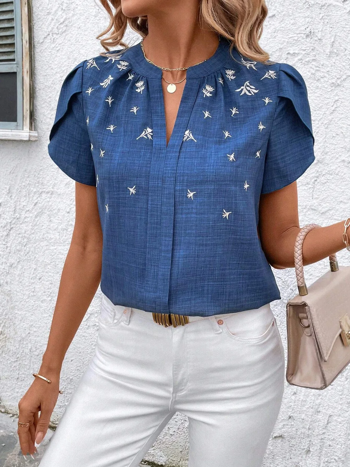 Floral Notched Short Sleeve Blouse - Image 11