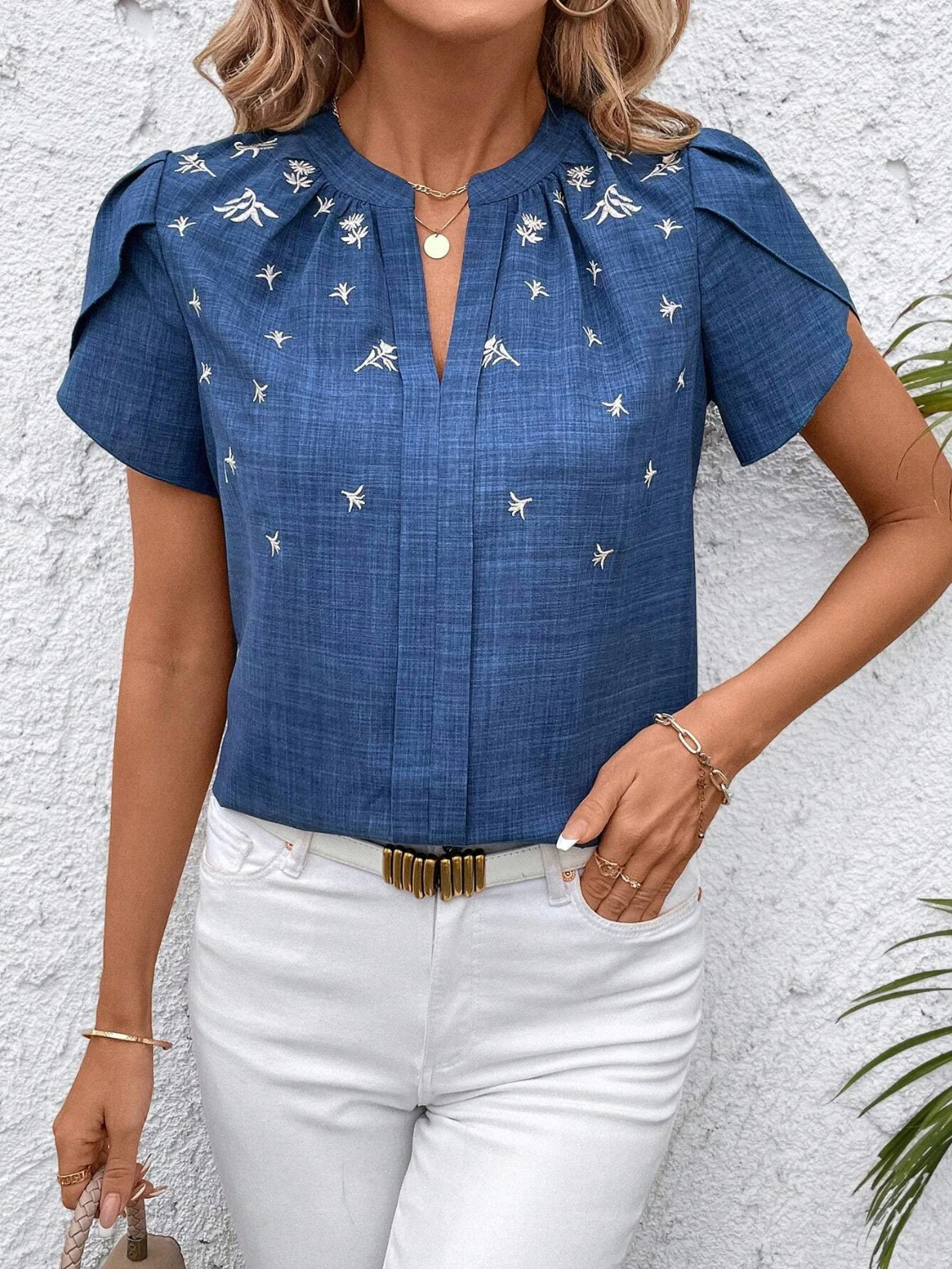 Floral Notched Short Sleeve Blouse - Image 13