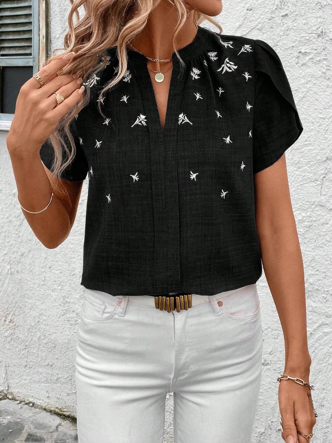 Floral Notched Short Sleeve Blouse - Image 18