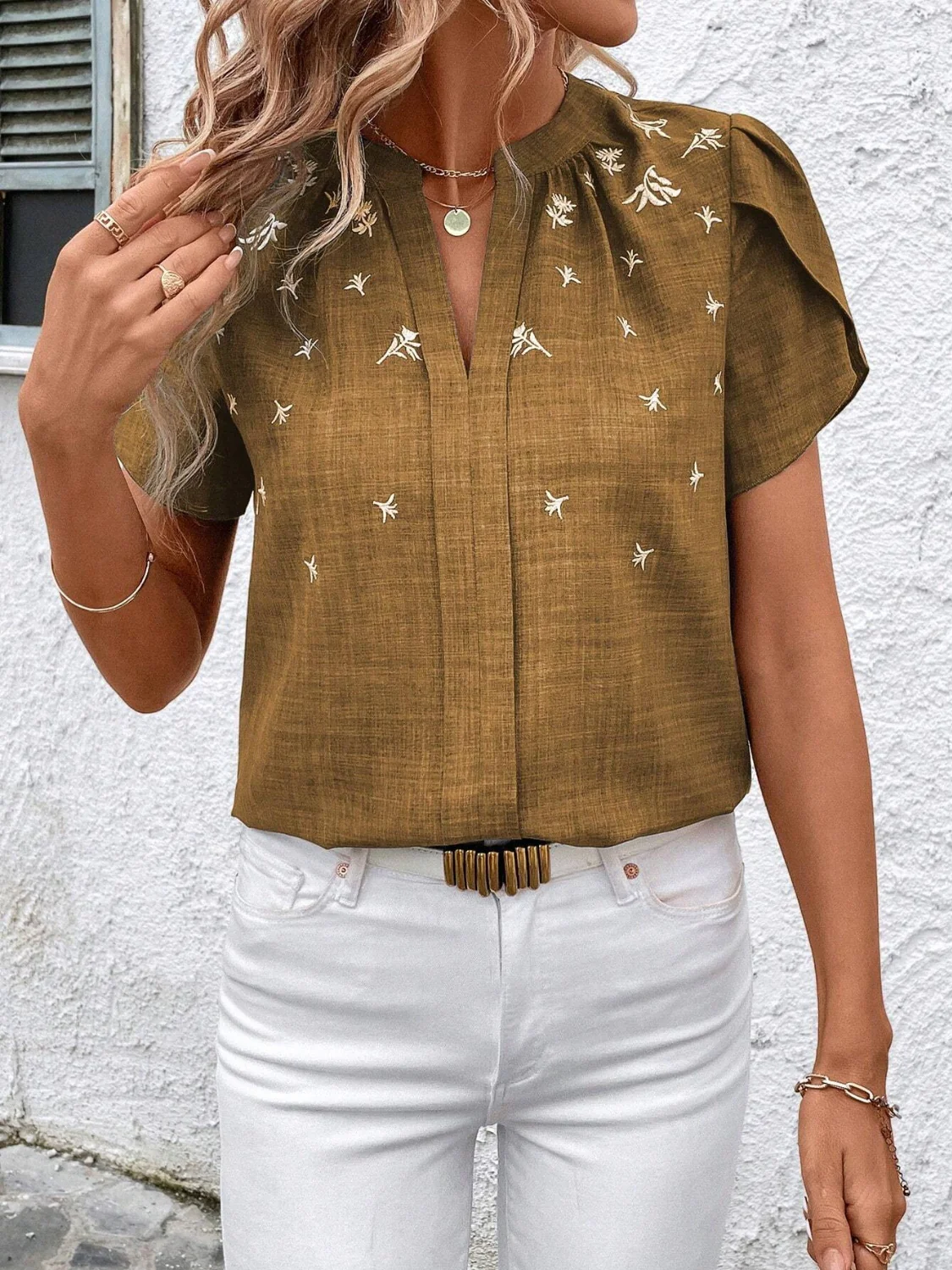 Floral Notched Short Sleeve Blouse - Image 22