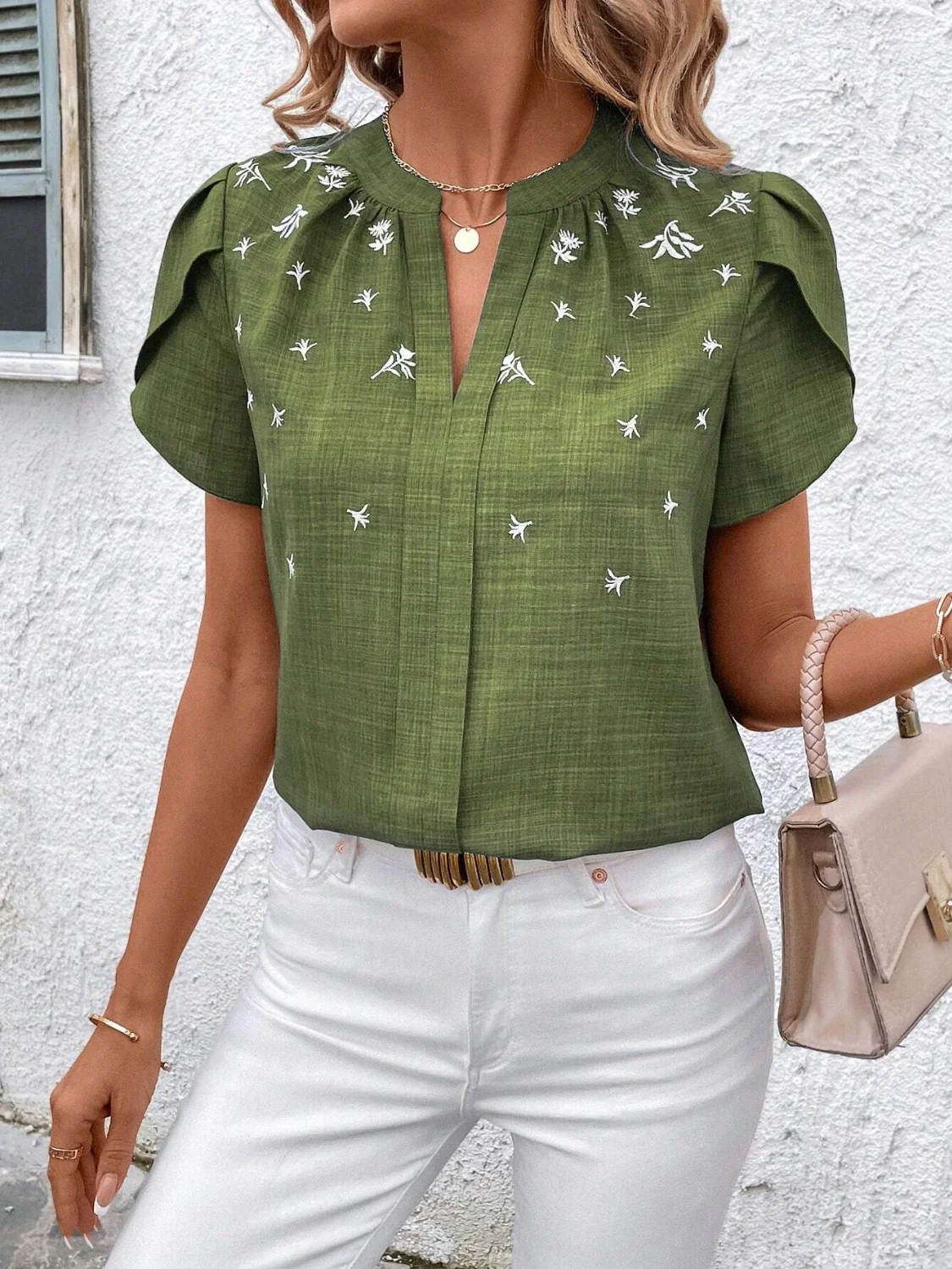 Floral Notched Short Sleeve Blouse - Image 7