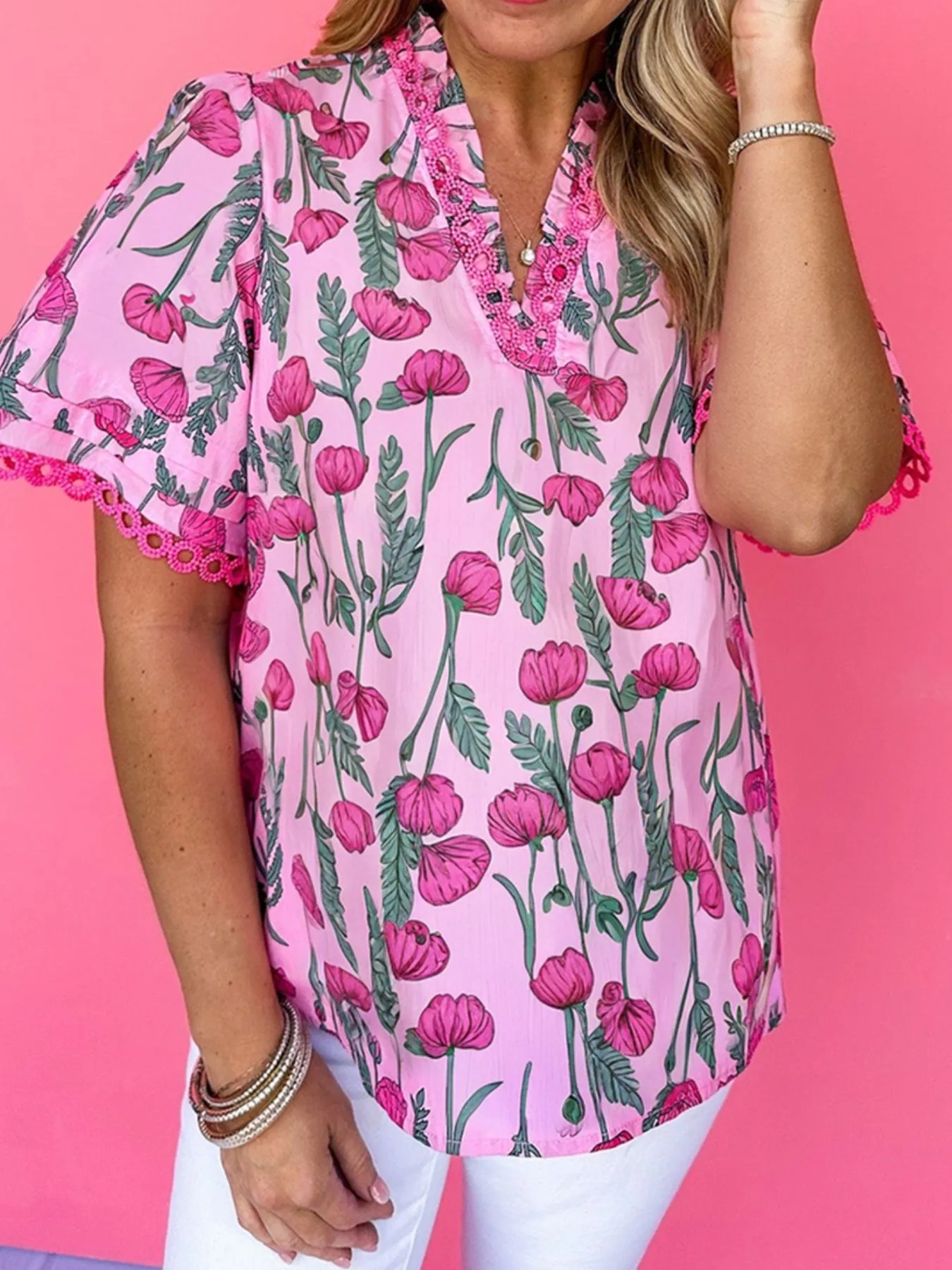 Floral Notched Short Sleeve Blouse - Image 3