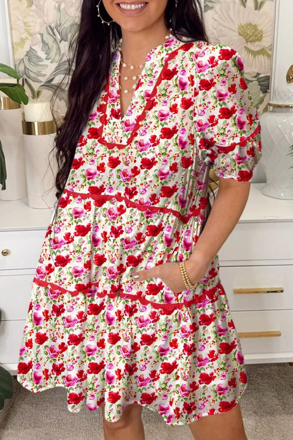Floral Notched Short Sleeve Dress - Image 6