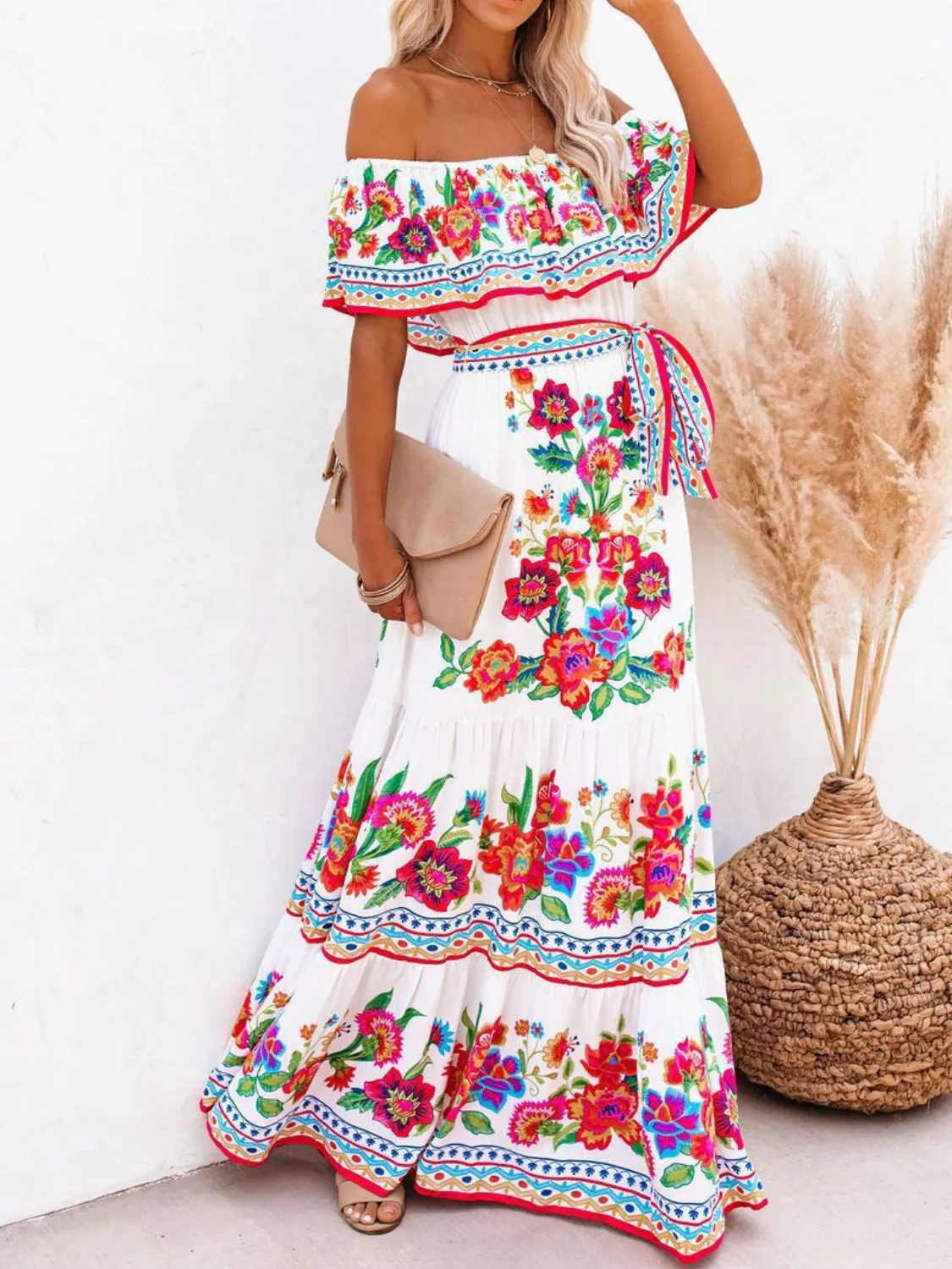 Floral Off Shoulder Ruffle Maxi Dress - Image 3