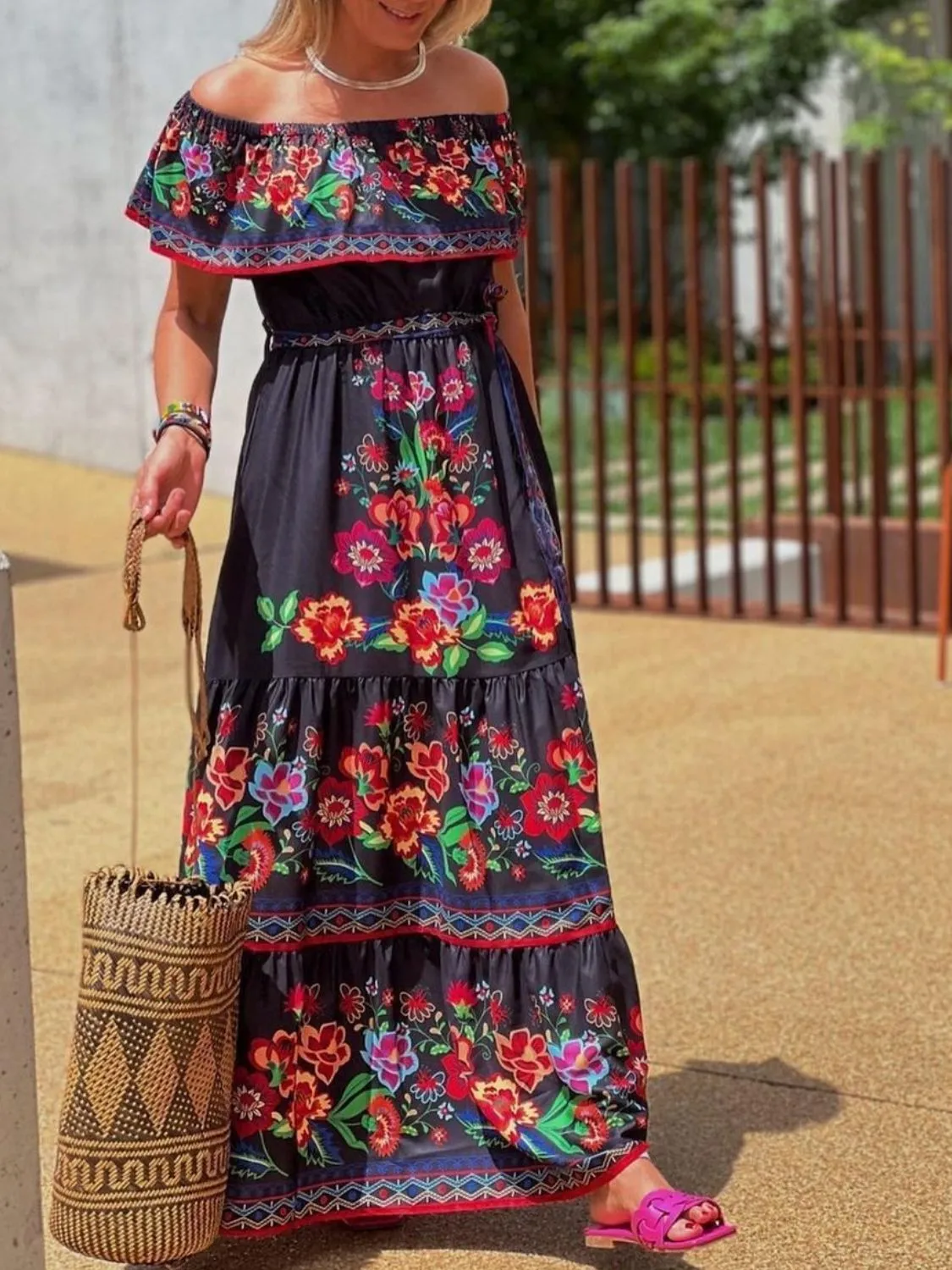 Floral Off Shoulder Ruffle Maxi Dress - Image 7