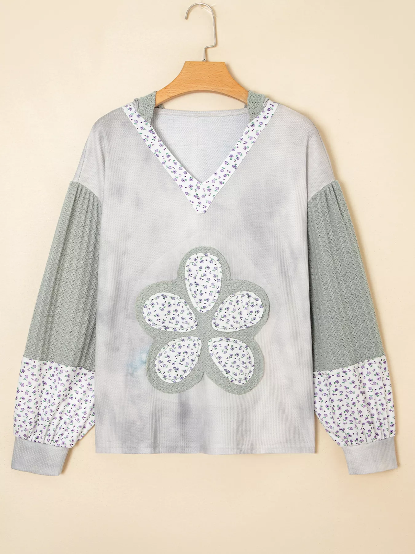 Floral Patched Waffle Textured V Neck Casual Hooded Top - Image 2