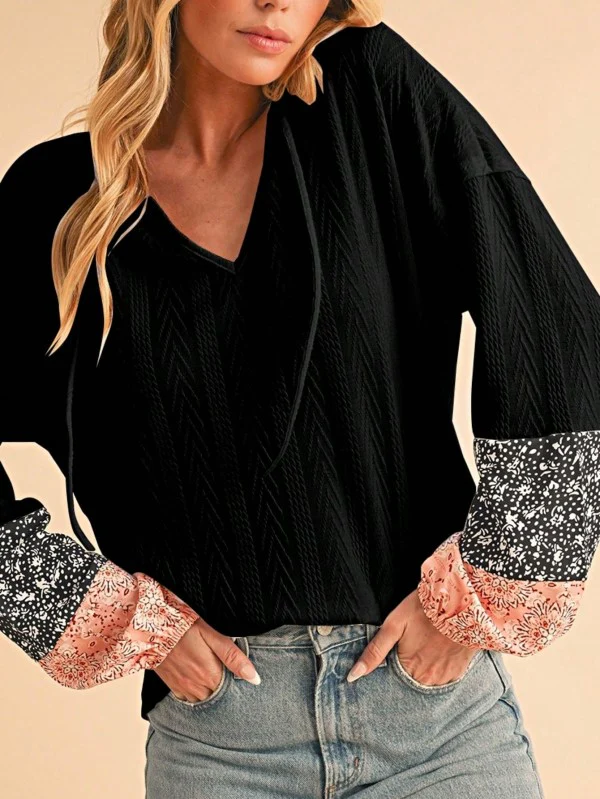 Floral Patchwork Cable Texture Drawstring V Top - Image 12