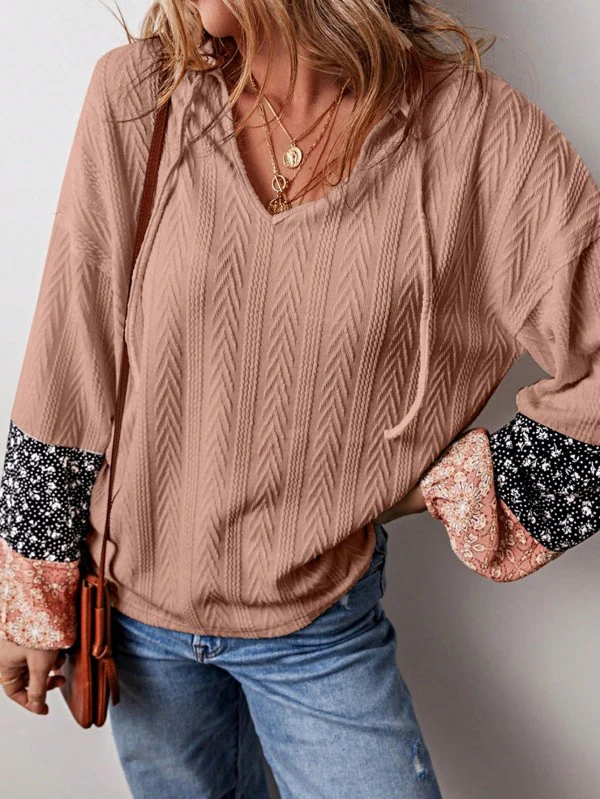 Floral Patchwork Cable Texture Drawstring V Top - Image 3