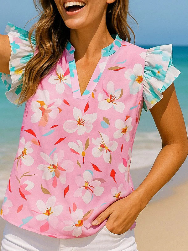 Floral Patchwork Frill Notched Neck Ruffle Blouse
