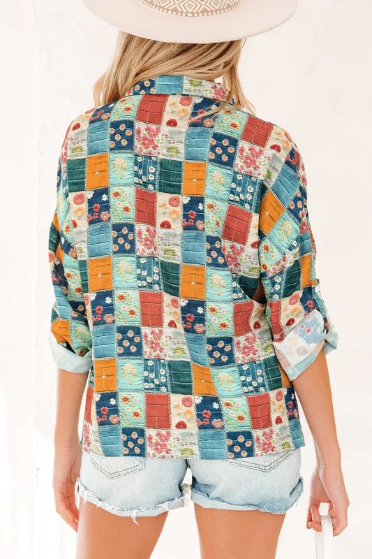 Floral Patchwork Long Sleeve Collar V-Neck Blouse - Image 2