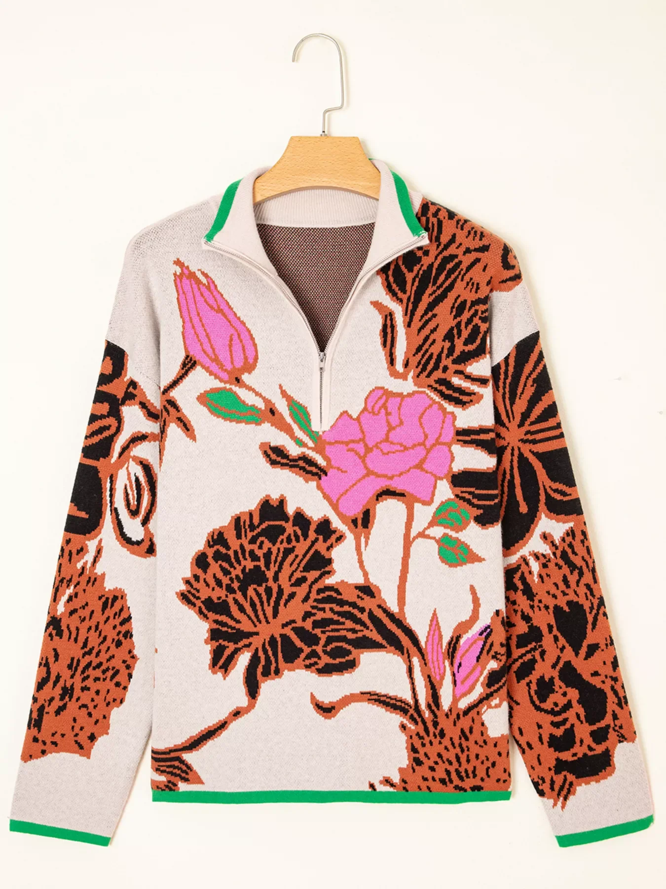Floral Pattern Knit Quarter Zip Stand Neck Sweater - Image 2