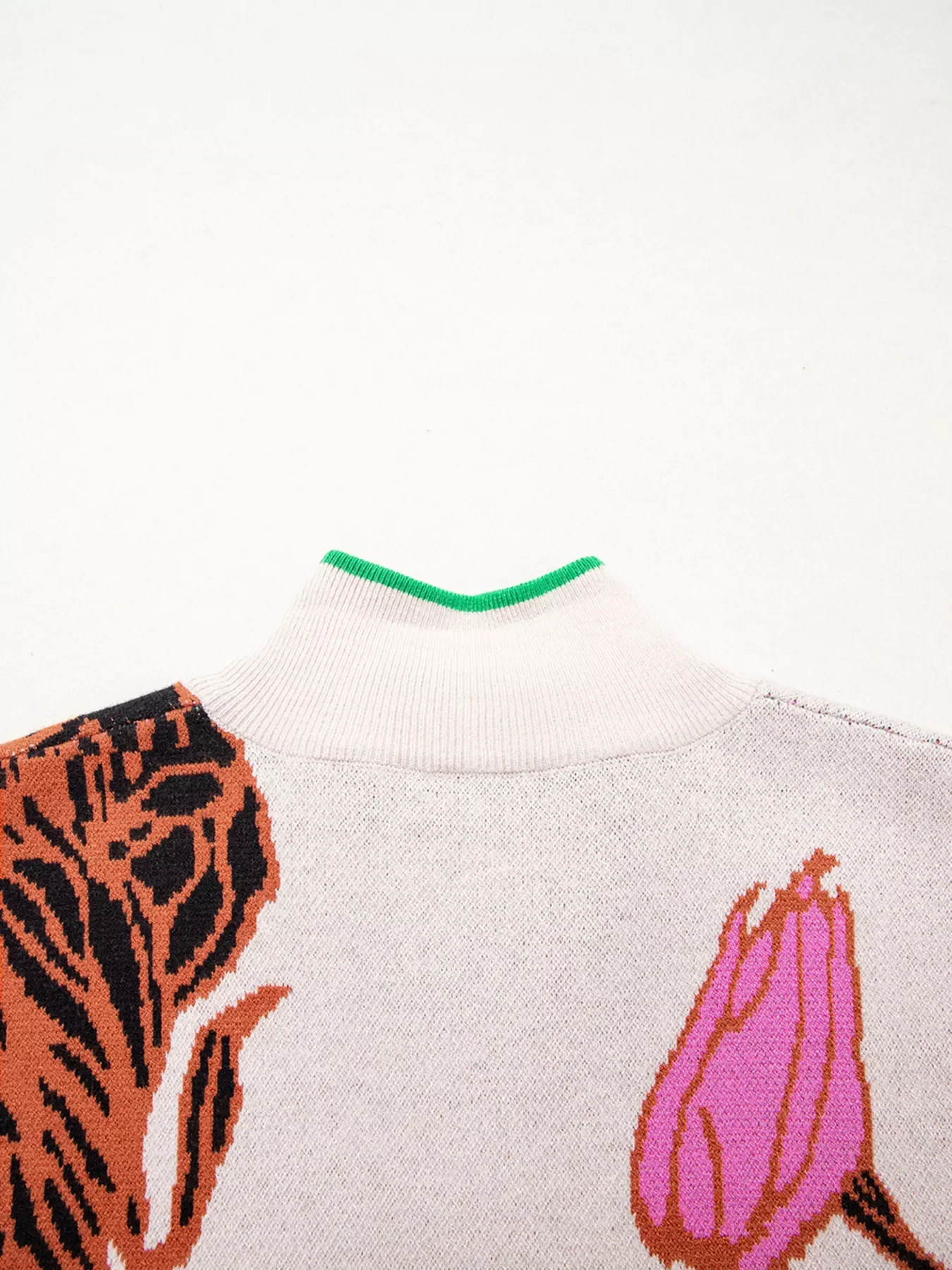 Floral Pattern Knit Quarter Zip Stand Neck Sweater - Image 5