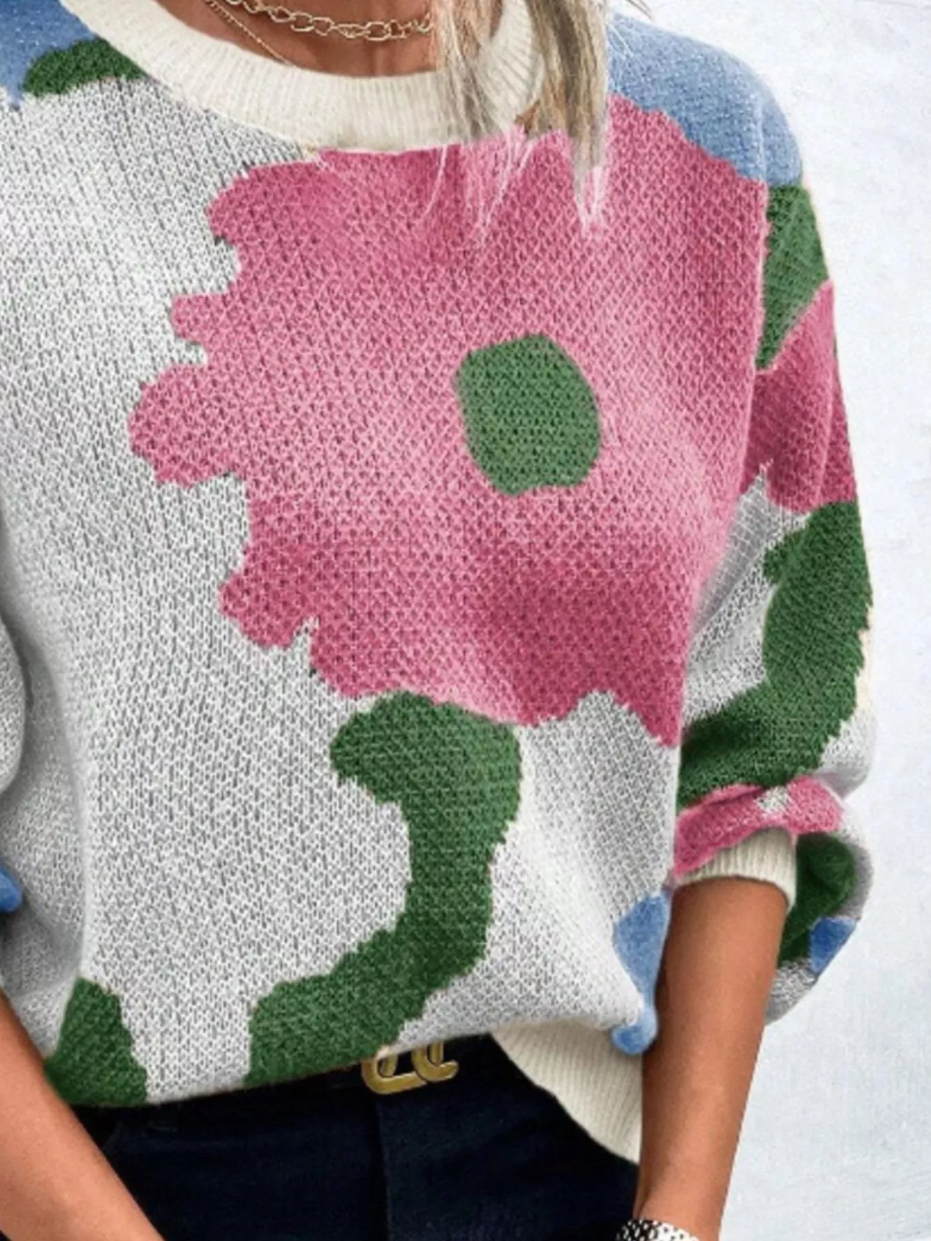 Floral Pattern Round Neck Sweater - Image 23