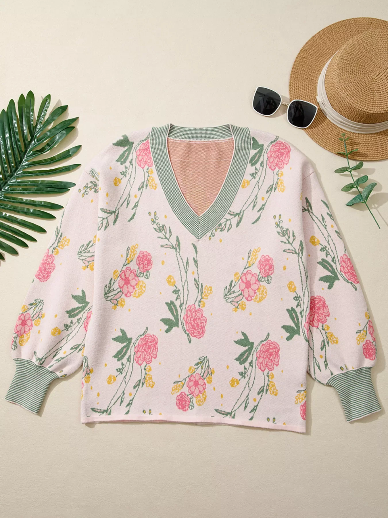 Floral Pattern Striped V Neck Loose Sweater - Image 3