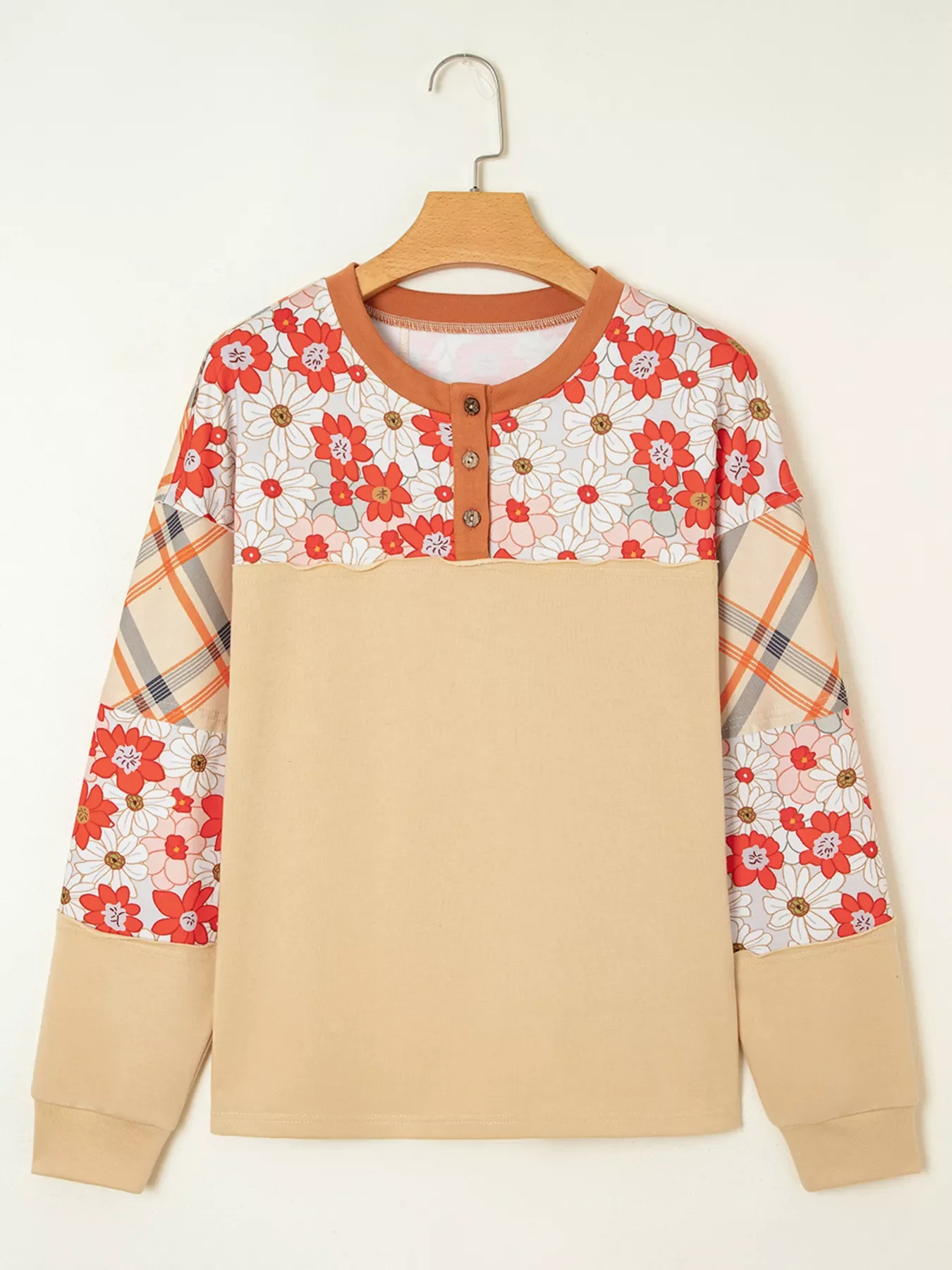 Floral Plaid Patchwork Casual Top - Image 6