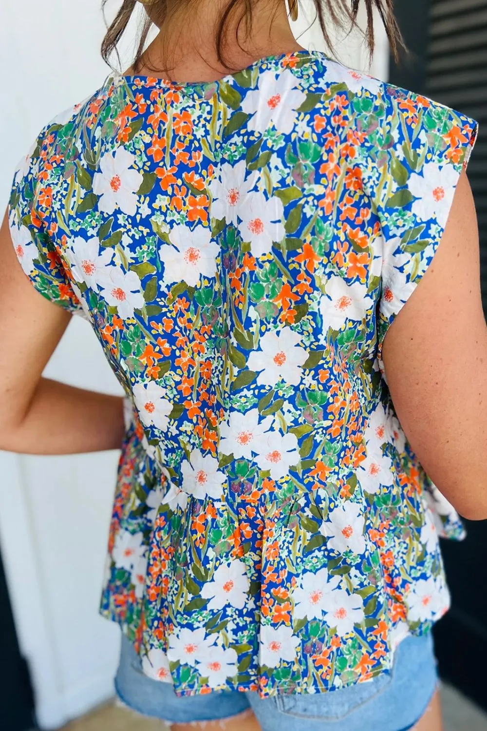 Floral Print Bow Applique Slit Sleeveless Peplum Blouse - Image 3