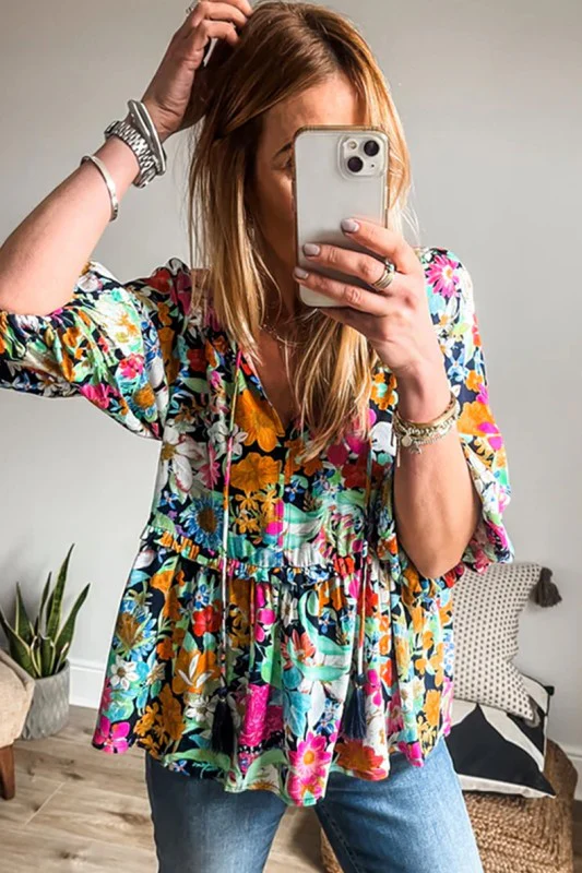 Floral Print Bubble Sleeve V Neck Ruffled Blouse - Image 10