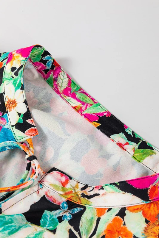 Floral Print Bubble Sleeve V Neck Ruffled Blouse - Image 5