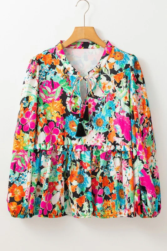 Floral Print Bubble Sleeve V Neck Ruffled Blouse - Image 6