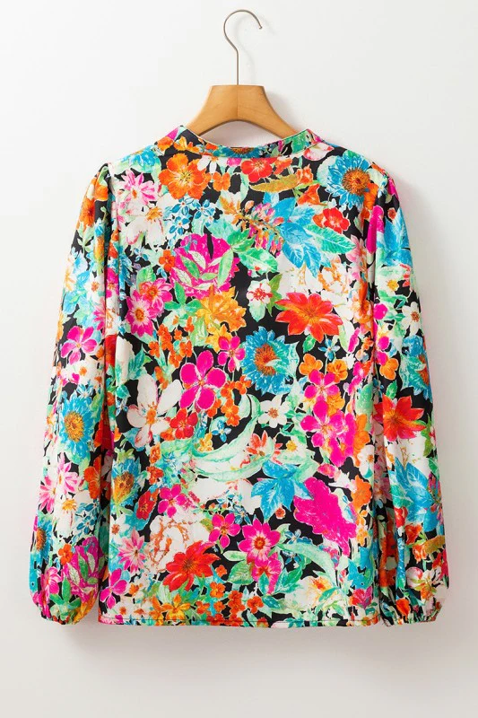 Floral Print Bubble Sleeve V Neck Ruffled Blouse - Image 7