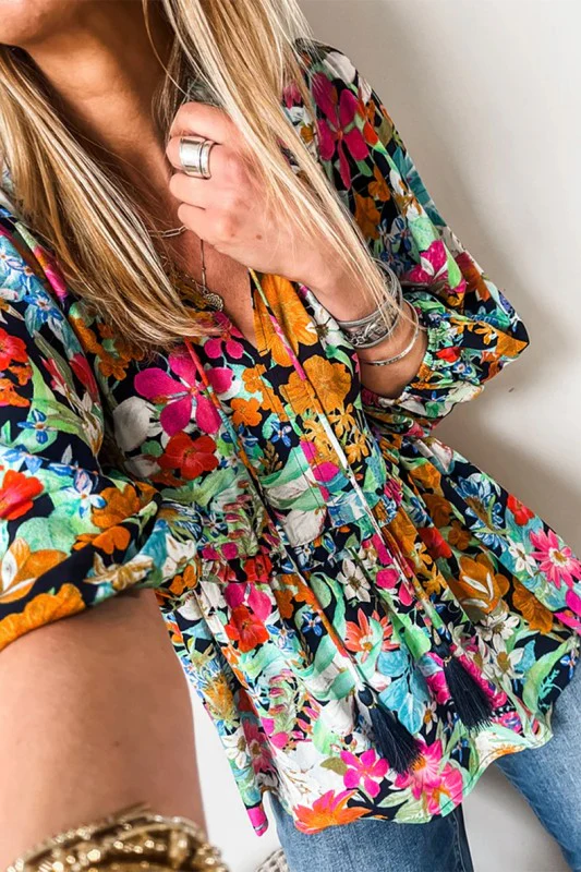 Floral Print Bubble Sleeve V Neck Ruffled Blouse - Image 8