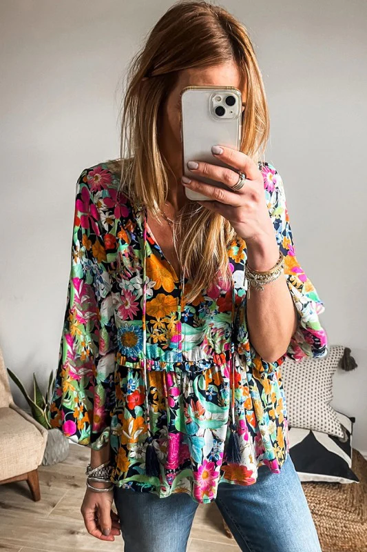 Floral Print Bubble Sleeve V Neck Ruffled Blouse - Image 9