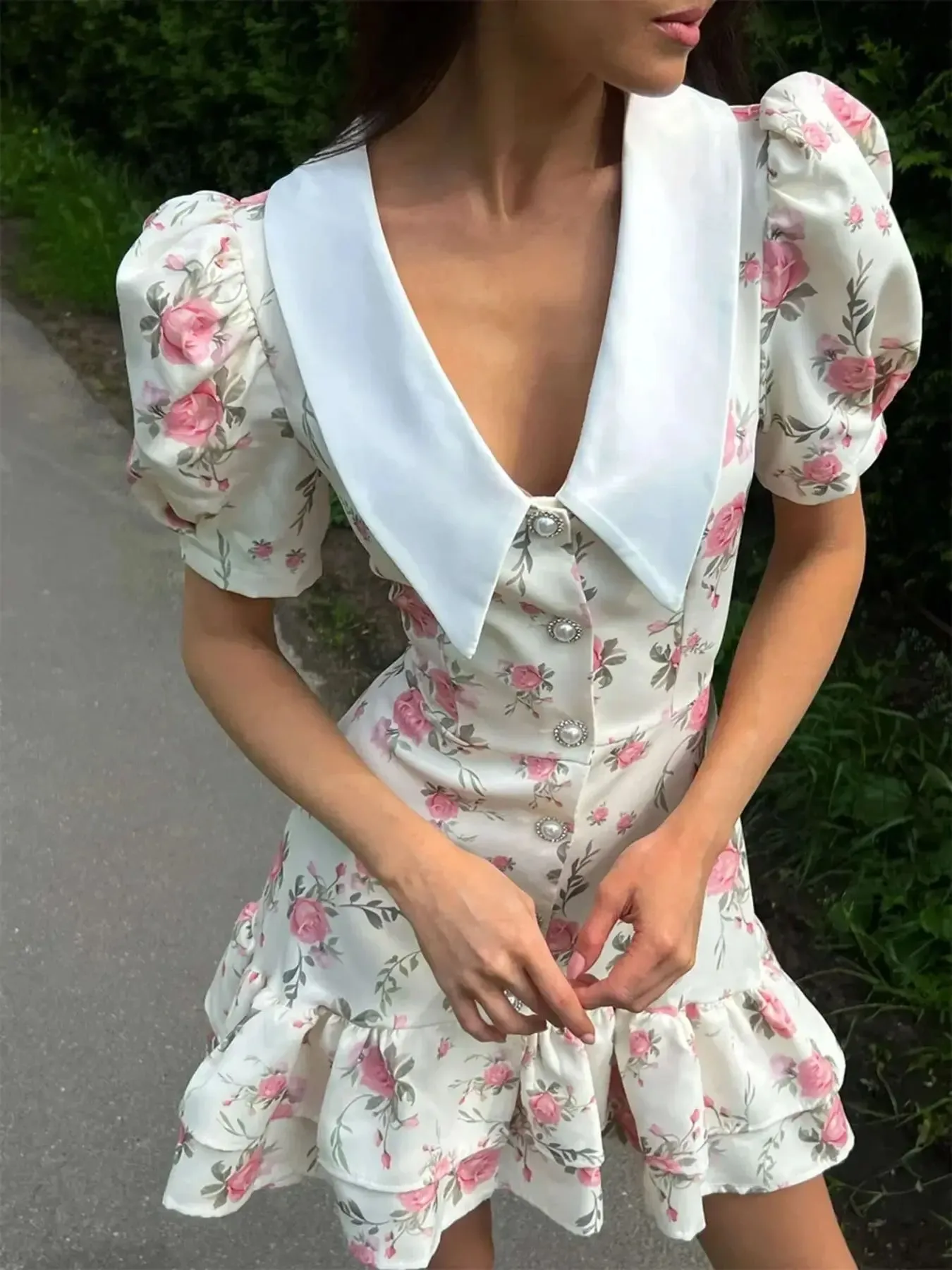 Floral Print Button-Front Ruffle Hem Dress - Image 2