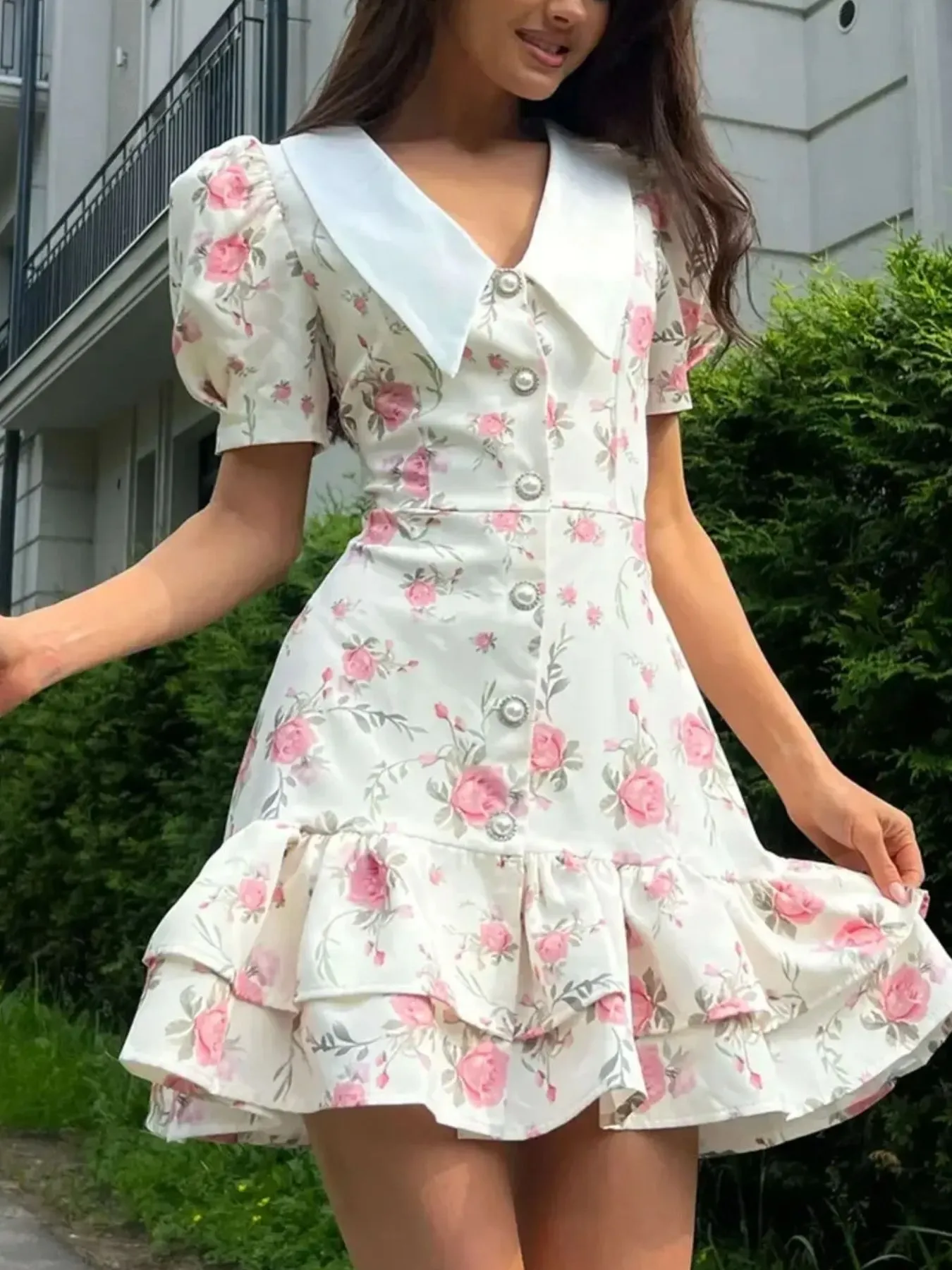 Floral Print Button-Front Ruffle Hem Dress - Image 3