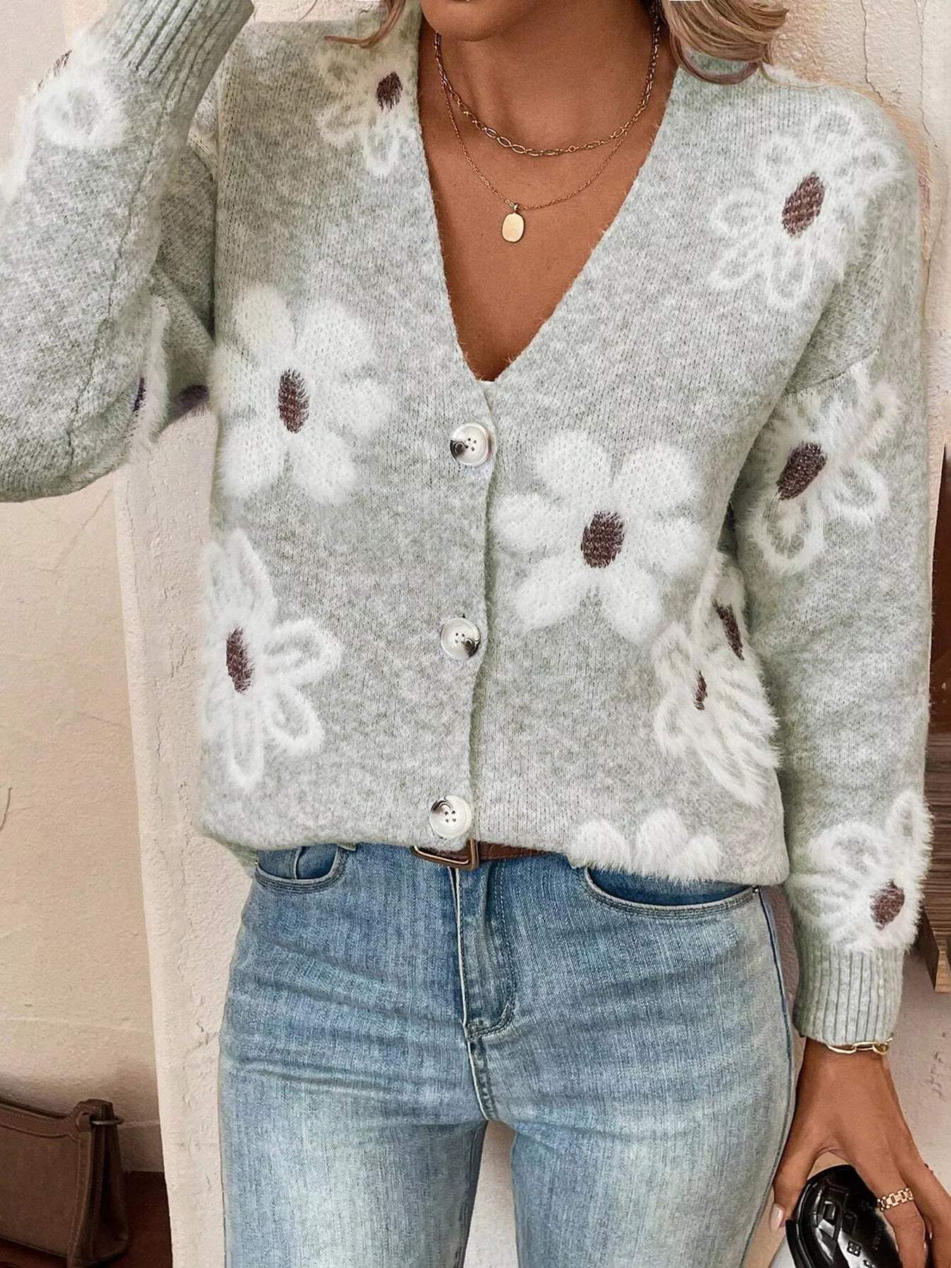 Floral Print Button-Up Knit Cardigan - Image 3