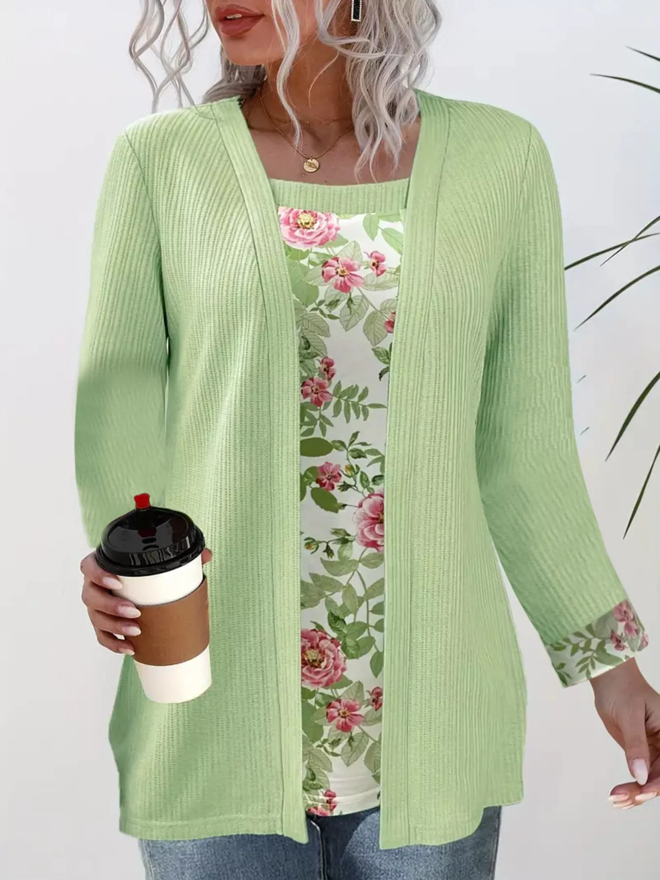 Floral Print Casual Fake Two Piece Top - Image 3