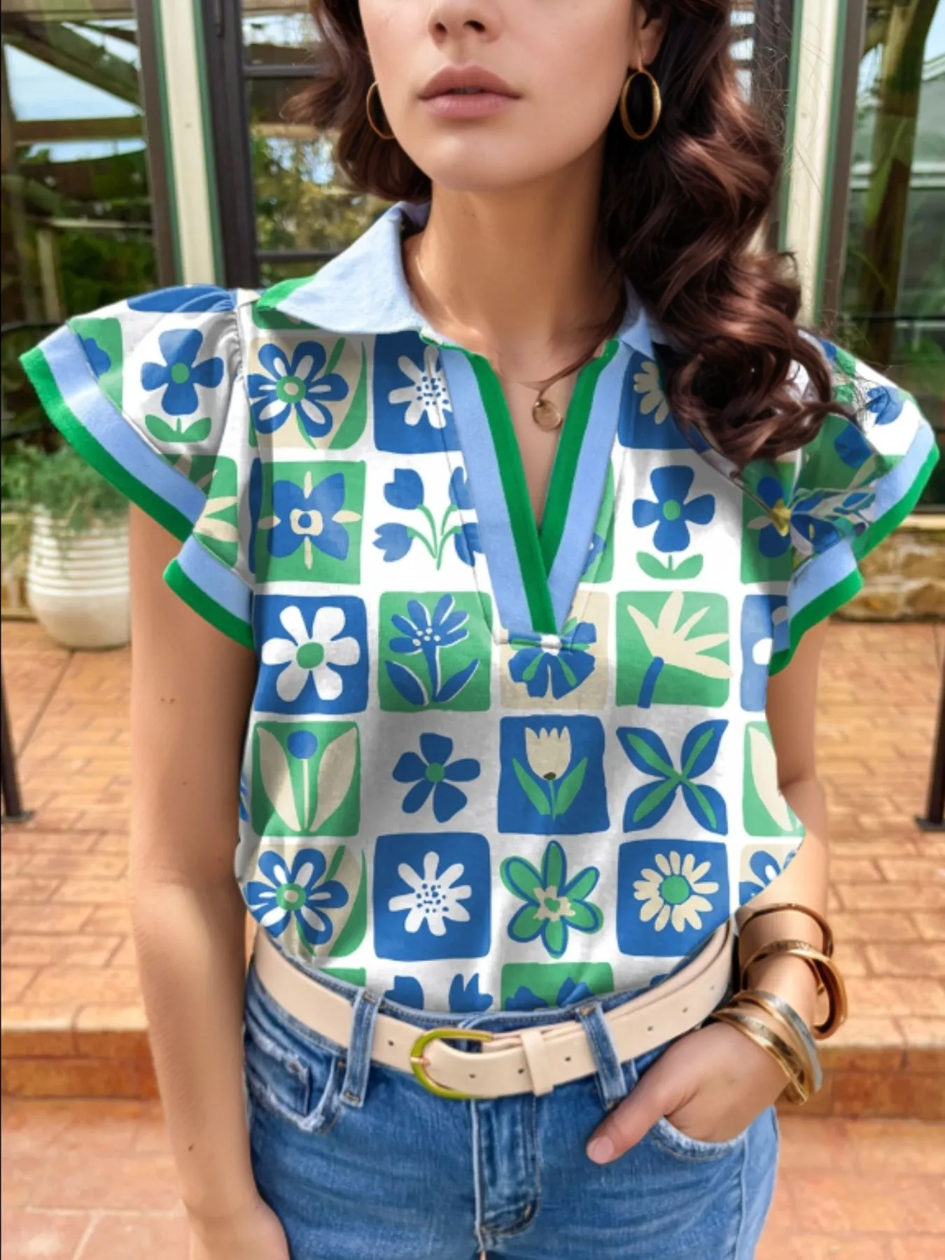Floral Print Collared Blouse with Flutter Sleeves