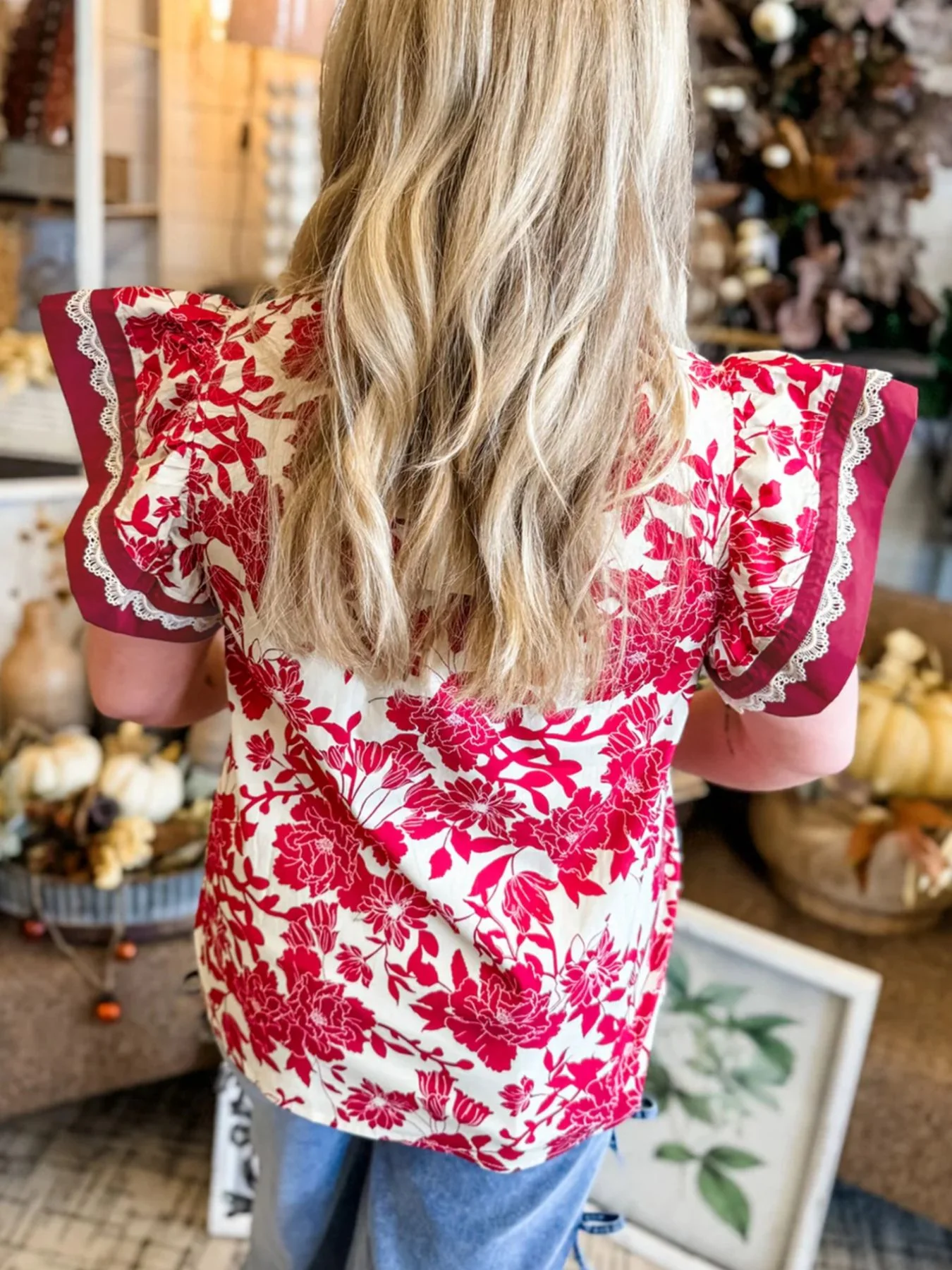Floral Print Color Block Trim Lace Detail V Neck Flutter Sleeve Blouse - Image 3