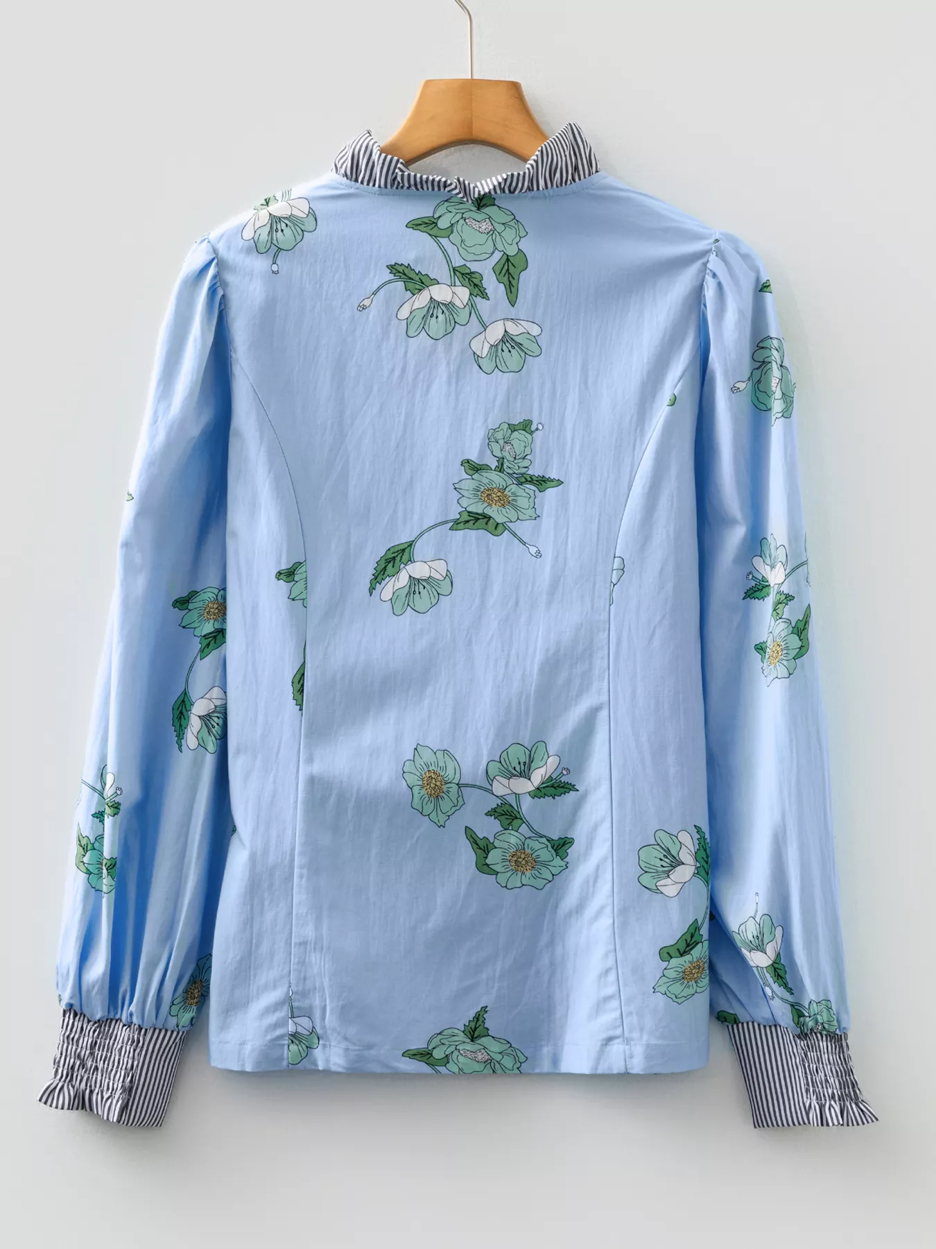 Floral Print Contrast Striped Trim Ruffled V Neck Fall Blouse - Image 4