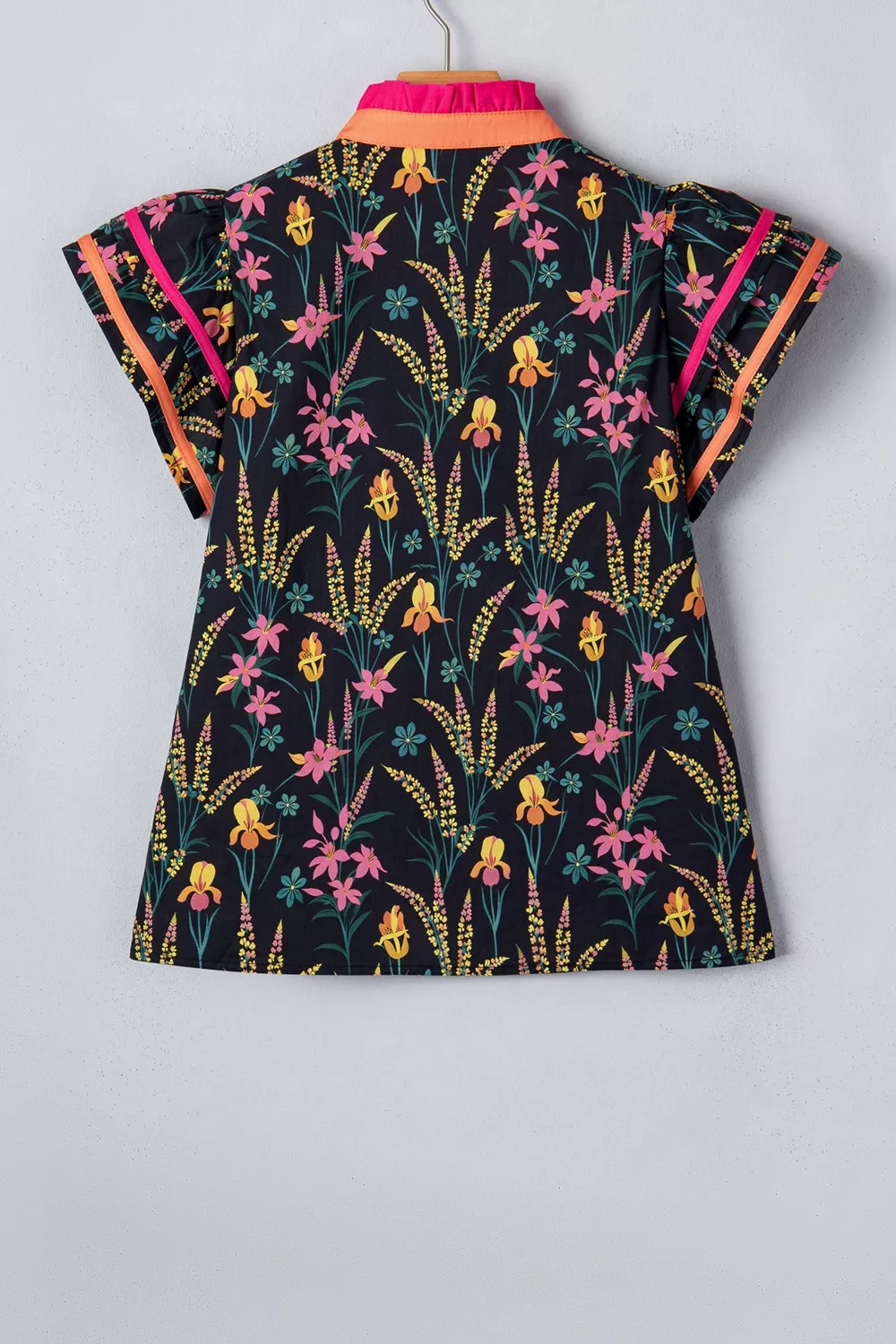 Floral Print Contrast Trim Tiered Ruffled Short Sleeve Blouse - Image 5