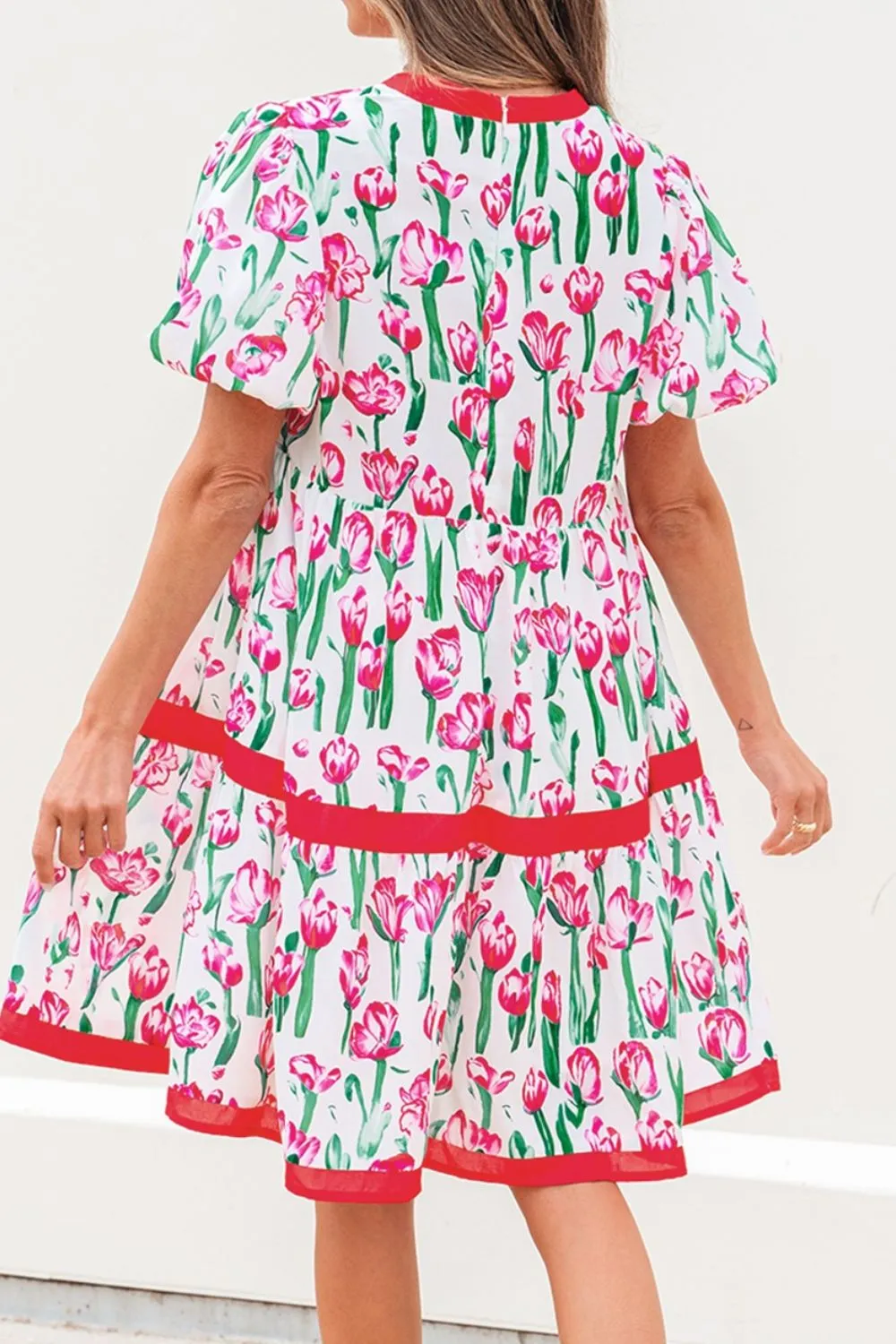 Floral Print Contrast Trim V Neck Bubble Short Sleeve Babydoll Dress - Image 2