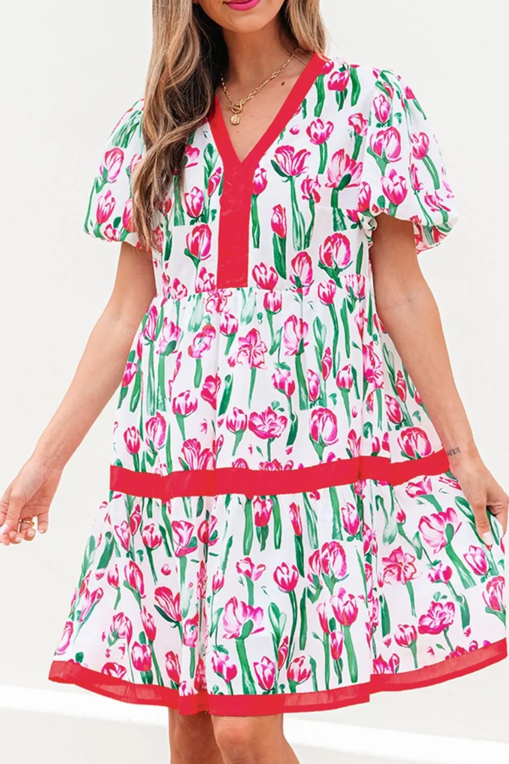 Floral Print Contrast Trim V Neck Bubble Short Sleeve Babydoll Dress - Image 3
