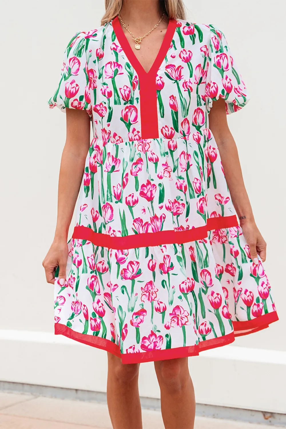 Floral Print Contrast Trim V Neck Bubble Short Sleeve Babydoll Dress - Image 4