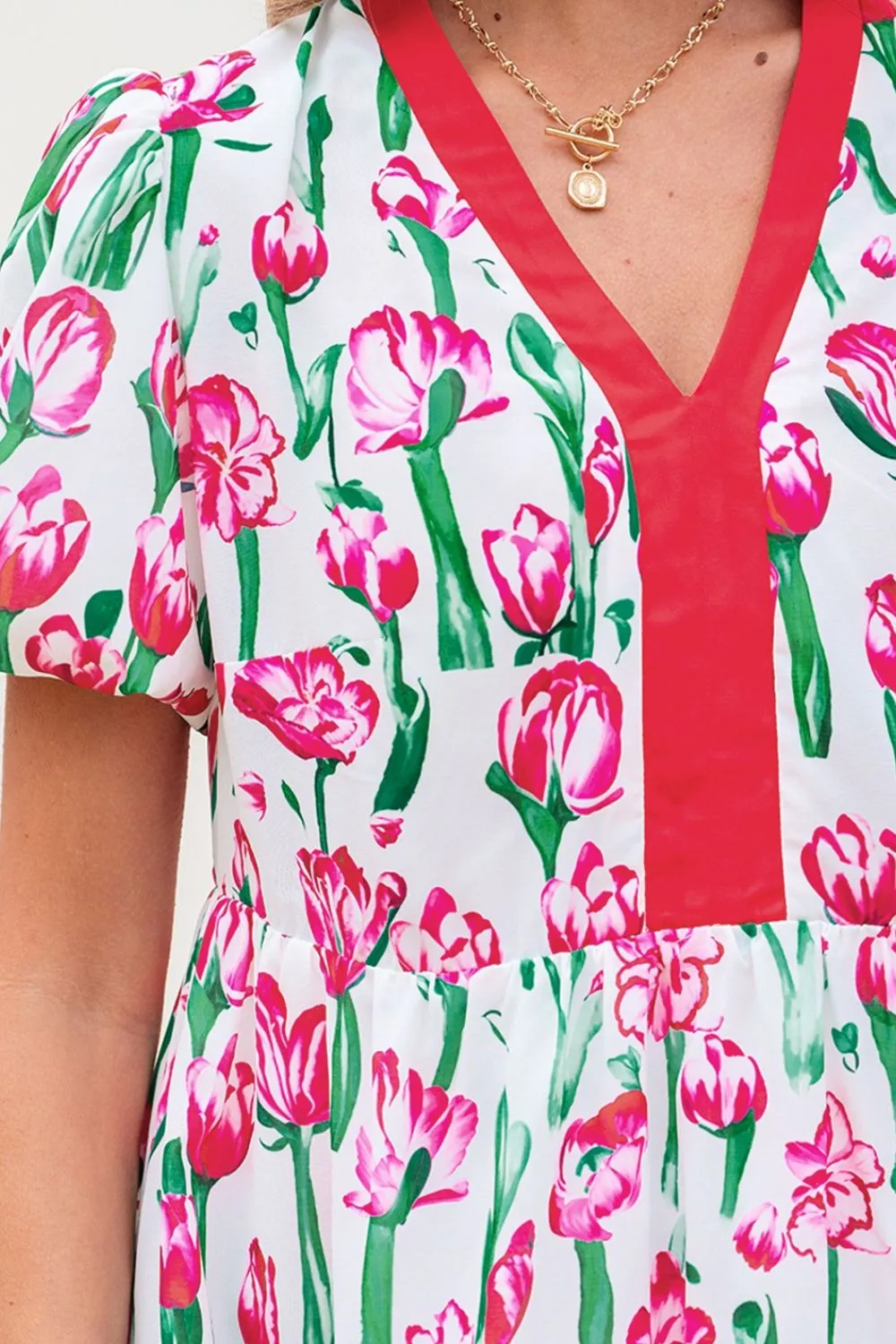 Floral Print Contrast Trim V Neck Bubble Short Sleeve Babydoll Dress - Image 5