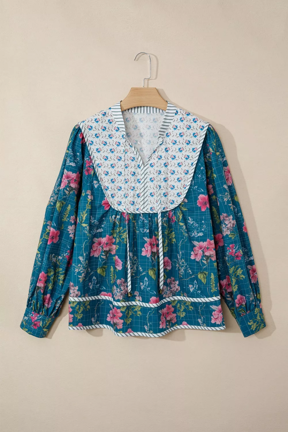Floral Print Contrast Yoke Patchwork Striped Trim Long Puff Sleeve Blouse - Image 3