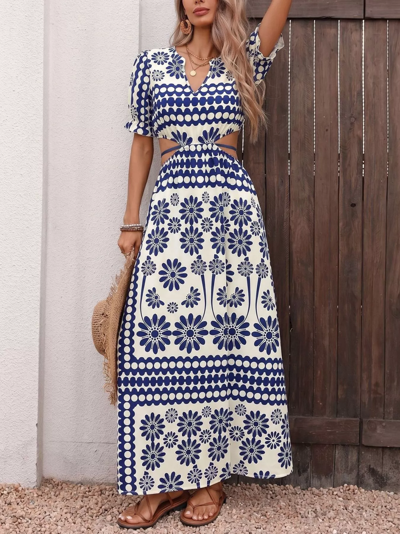 Floral Print Cutout Waist Maxi Dress - Image 3