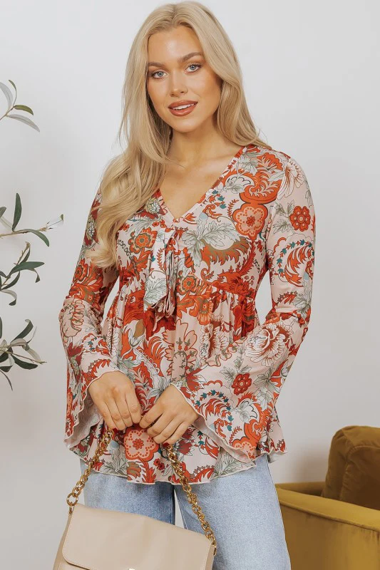 Floral Print Deep V Neck Knot Bell Sleeve Blouse - Image 4