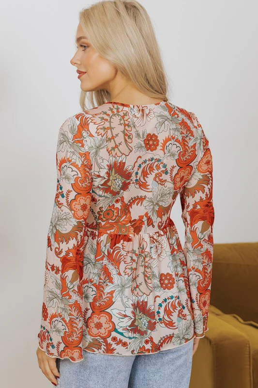 Floral Print Deep V Neck Knot Bell Sleeve Blouse - Image 6
