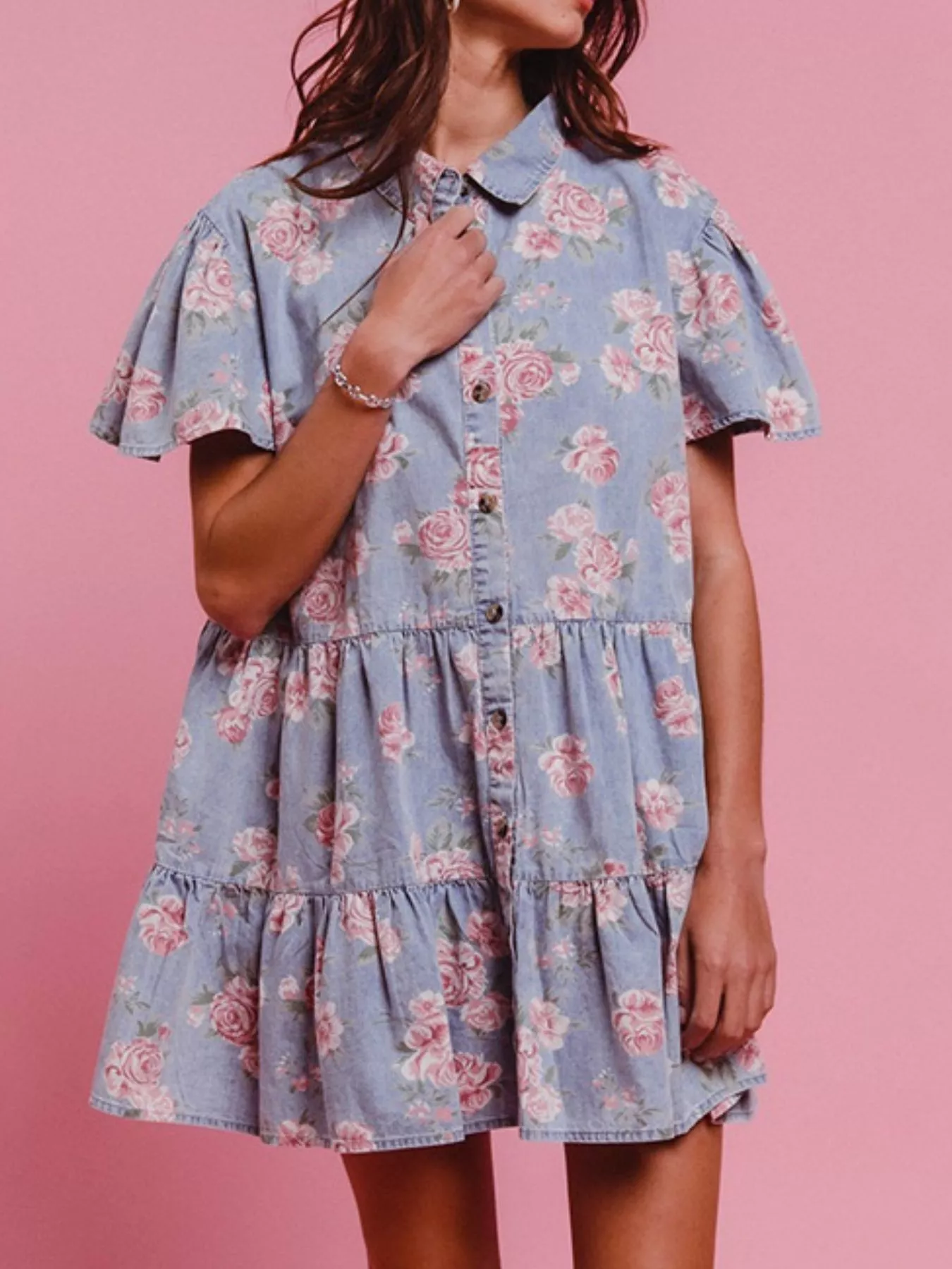 Floral Print Denim Button-Down Tiered Mini Dress - Image 7