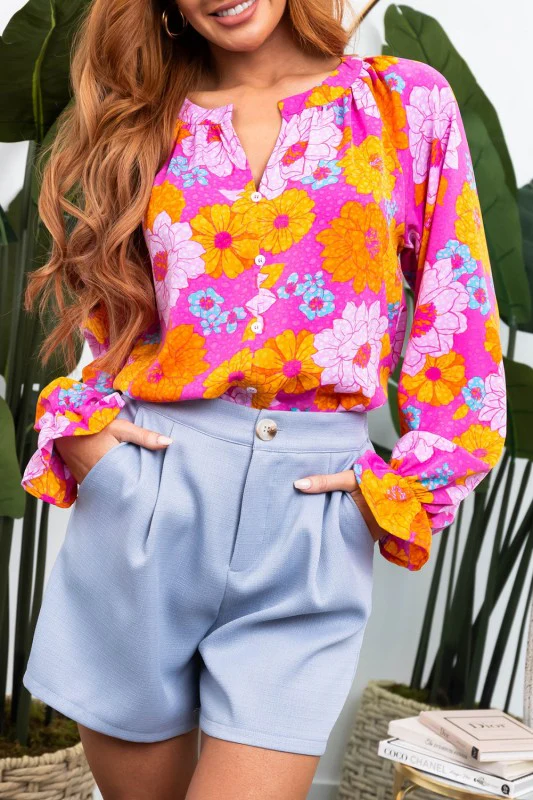 Floral Print Flounce Sleeve Notched Neck Blouse