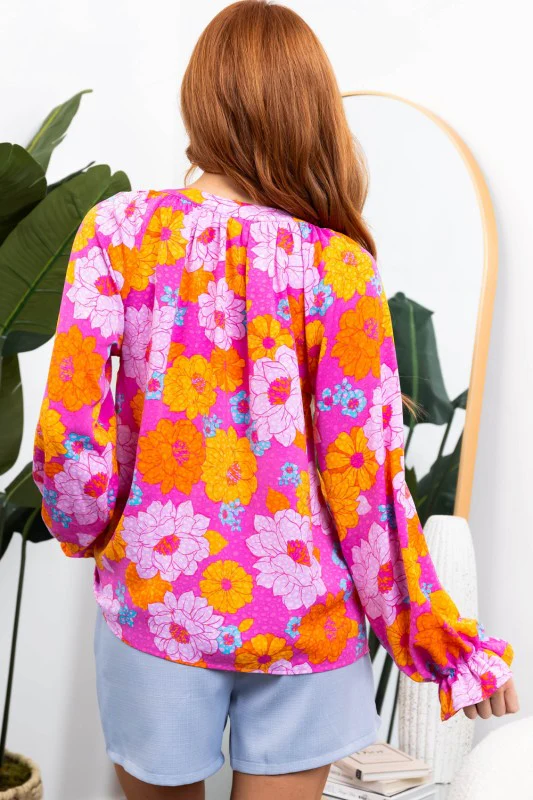 Floral Print Flounce Sleeve Notched Neck Blouse - Image 8